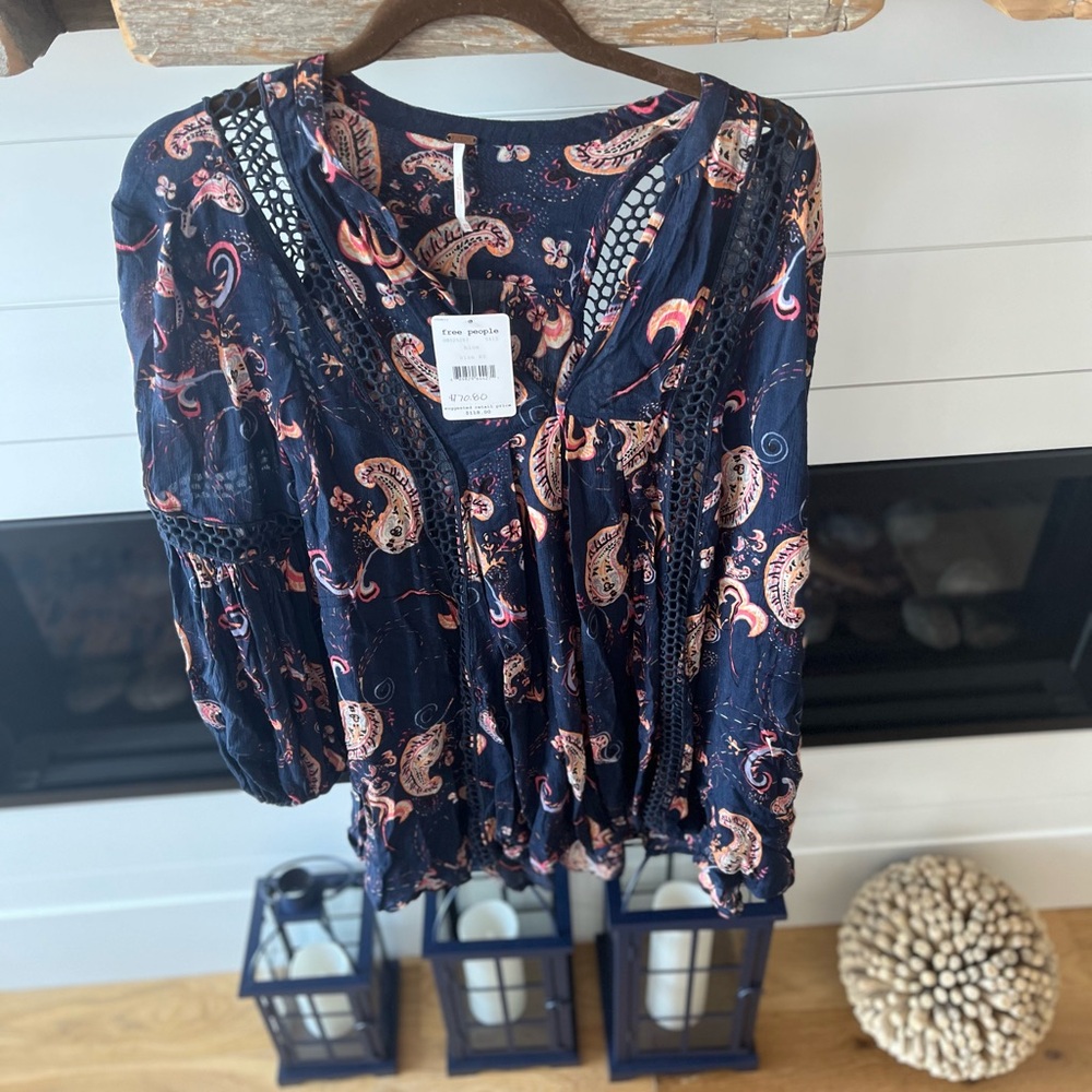 NWT - Free People Navy Paisley Crochet-Trim Peasant Top - light weight